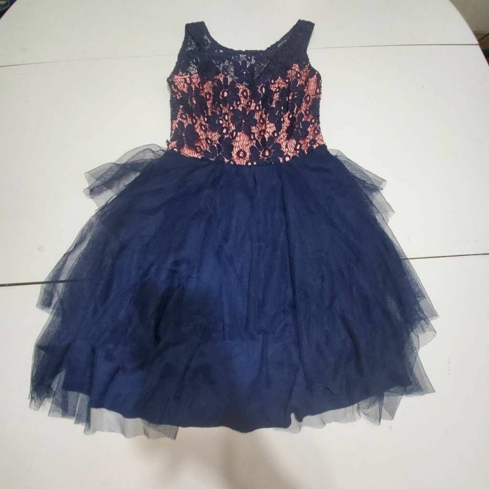 Teeze Me Womens A Line Dress Blue Floral Stretch Zip Ruffle Mesh Lace Juniors 1